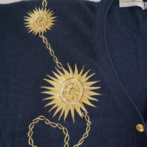 Vintage Maggie Lawrence Navy Gold Sun Chain Embroidered Knit Cardigan 22/24 - Picture 9 of 13